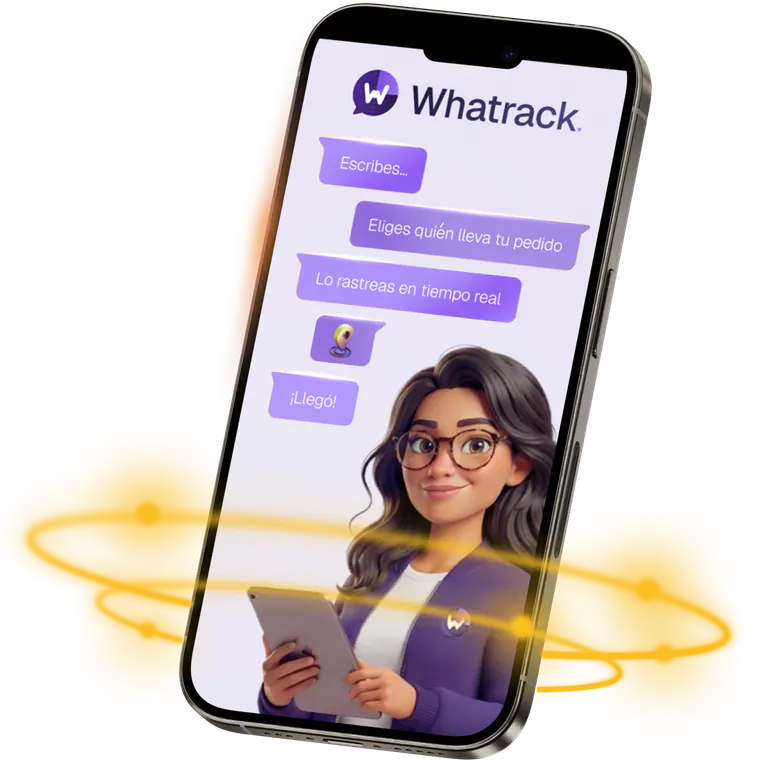 Celular con el chat de Whatrack: escribes, eliges quién lleva tu pedido, lo rastreas en tiempo real y ¡llegó!